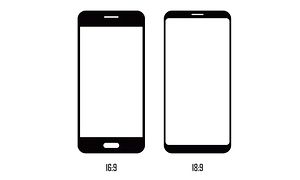 Skiss över två mobiltelefoner i samma storlek men med olika skärmstorlek, svart skiss på vit bakgrund. 