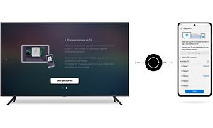 Samsung Business TV och en smartphone med installations guide.
