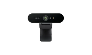 Svart webbkamera från Logitech formad som ett T, vit bakgrund.