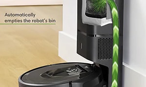 iRobot Roomba i7+ tömmer skräpet i en behållare i laddningsstationen, grön förg symboliseraer skräpet som sugs in. 